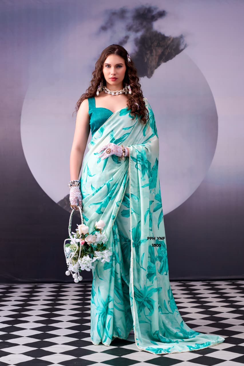 Pink and Red Floral Print Satin Silk Saree